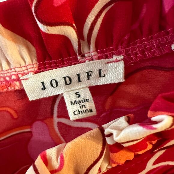 JODIFL Women's Red Orange Feminine Ruffled Neck/Sleeve Dress Small - Picture 2 of 7